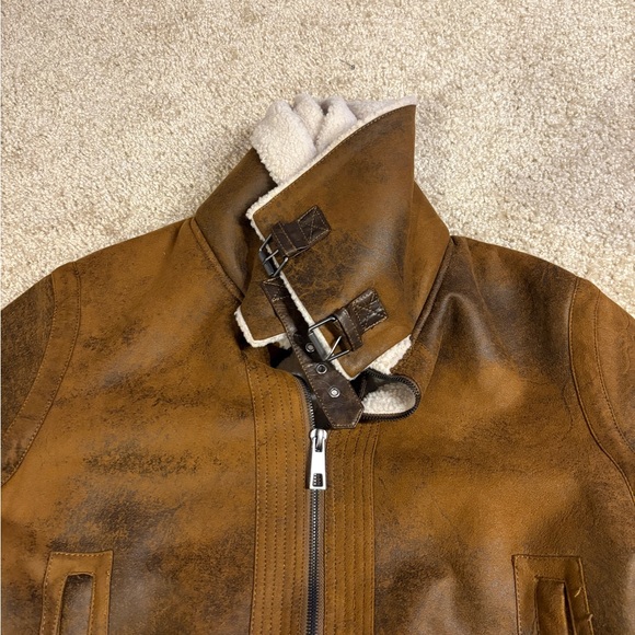 ZARA MEN BROWN FAUX LEATHER CONTRAST DOUBLE COLLAR JACKET 0706/205 M - Picture 4 of 5